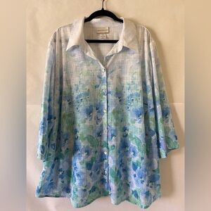 Alfred Dunner Floral Button Tunic Shirt Size 2X Watercolor Blue Lightweight Top